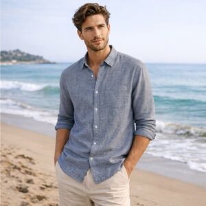 Old Navy Striped Linen Blend Regular Fit Button-Up Shirt Men’s L Coastal Dadcore